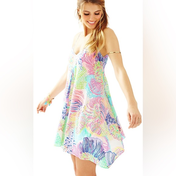 Lilly Pulitzer Clara Silk Roar Of the Seas Asymmetric Hem Slip Dress Women’s XS - Picture 1 of 16